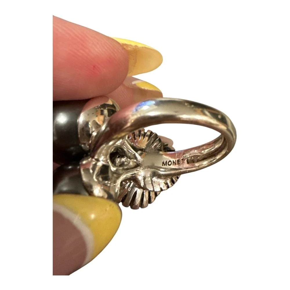 Monet Cocktail Ring Womens Size 7.5 Grey Silver Pearl Rhinestone Bypass